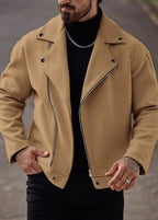 Men’s Asymmetric Zip Moto Jacket – Wide Lapel Coat, Casual Street Outerwear with Side