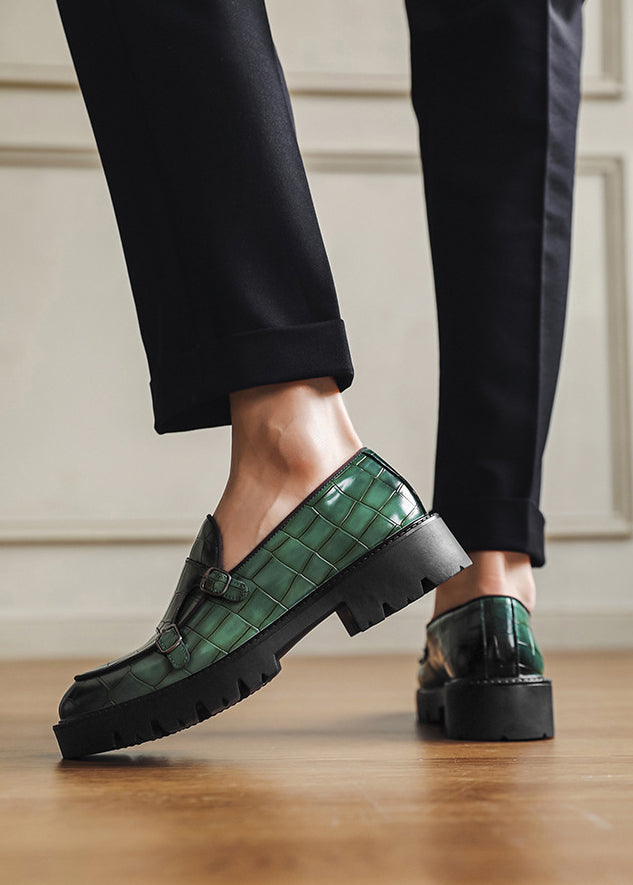 Men’s Double Buckle Chunky Sole Loafers – Retro Slip-On Dress Shoes