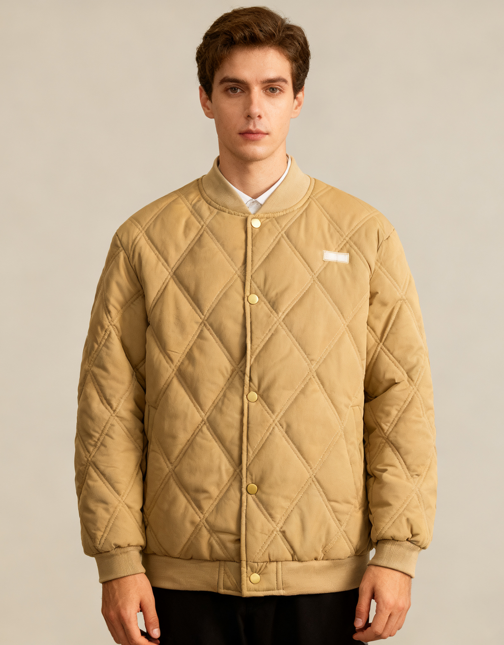 Diamond Quilted Stand-Collar Baseball Jacket