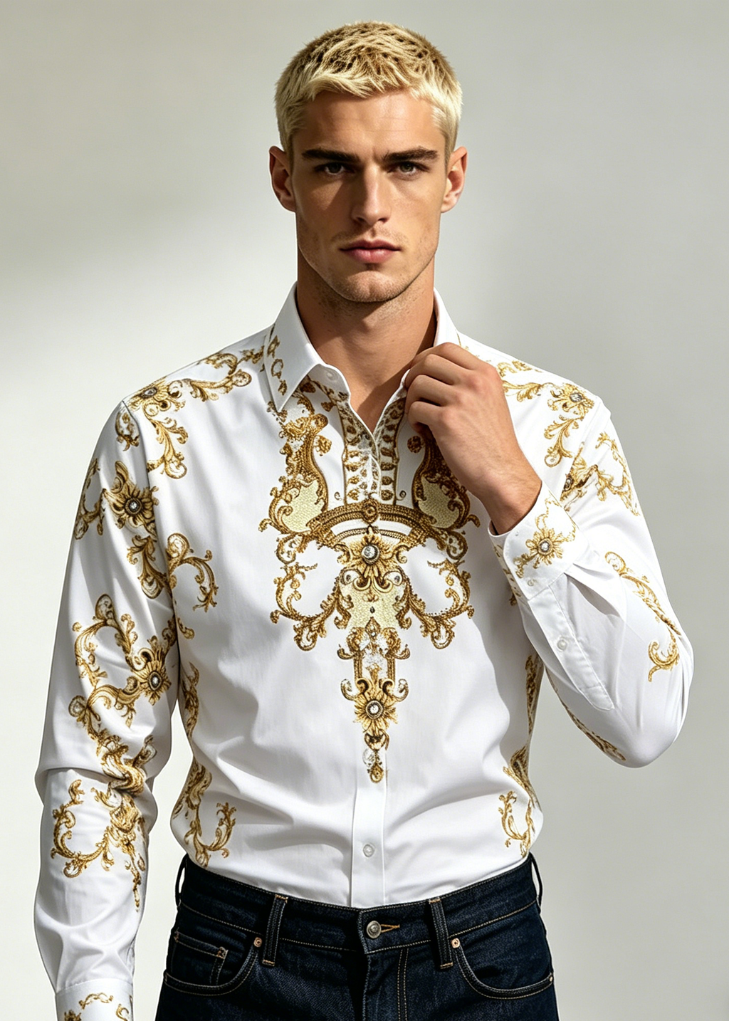 Men's Luxury Baroque Gold Print Shirt - Slim Fit Rhinestone Long Sleeve