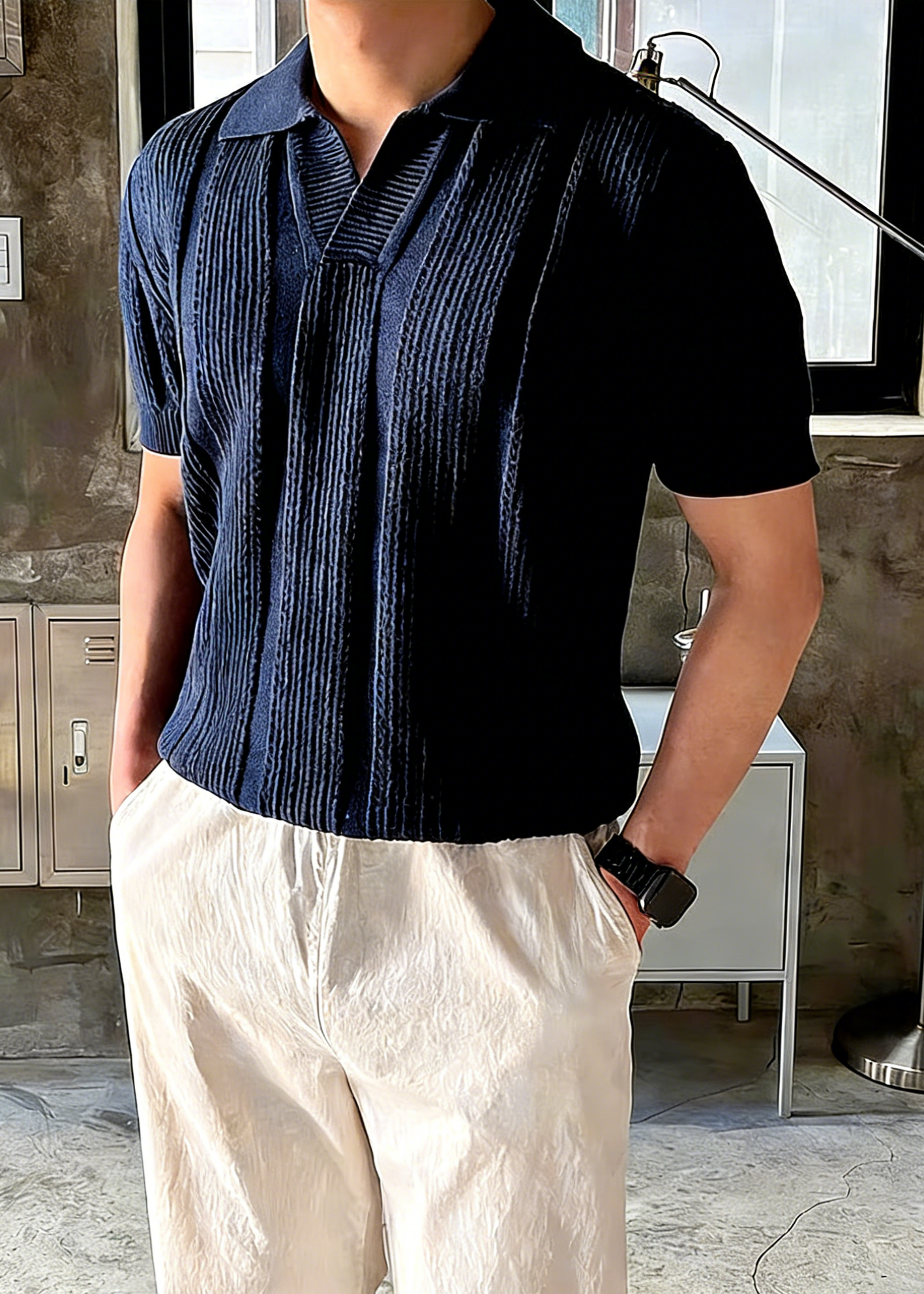 Retro Knitted Polo Shirt for Men - Breathable V-Neck Hollow Out Mesh Short Sleeve Ice Silk Knitwear