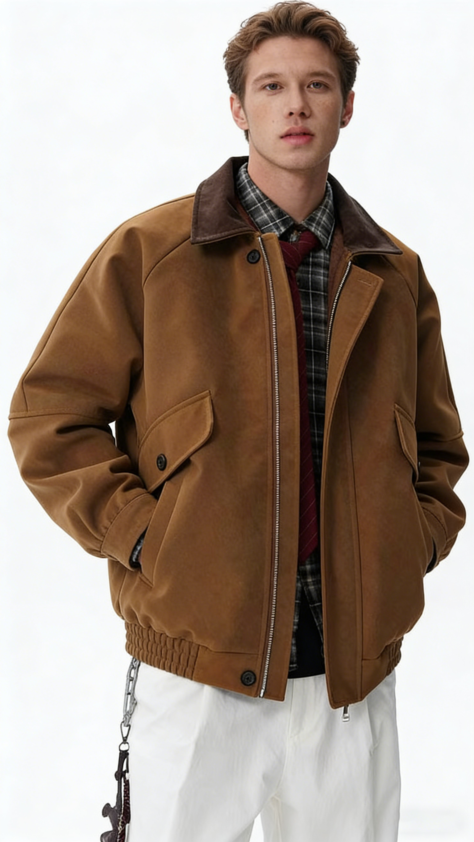 Contrast-Color Suede Lapel Padded Jacket