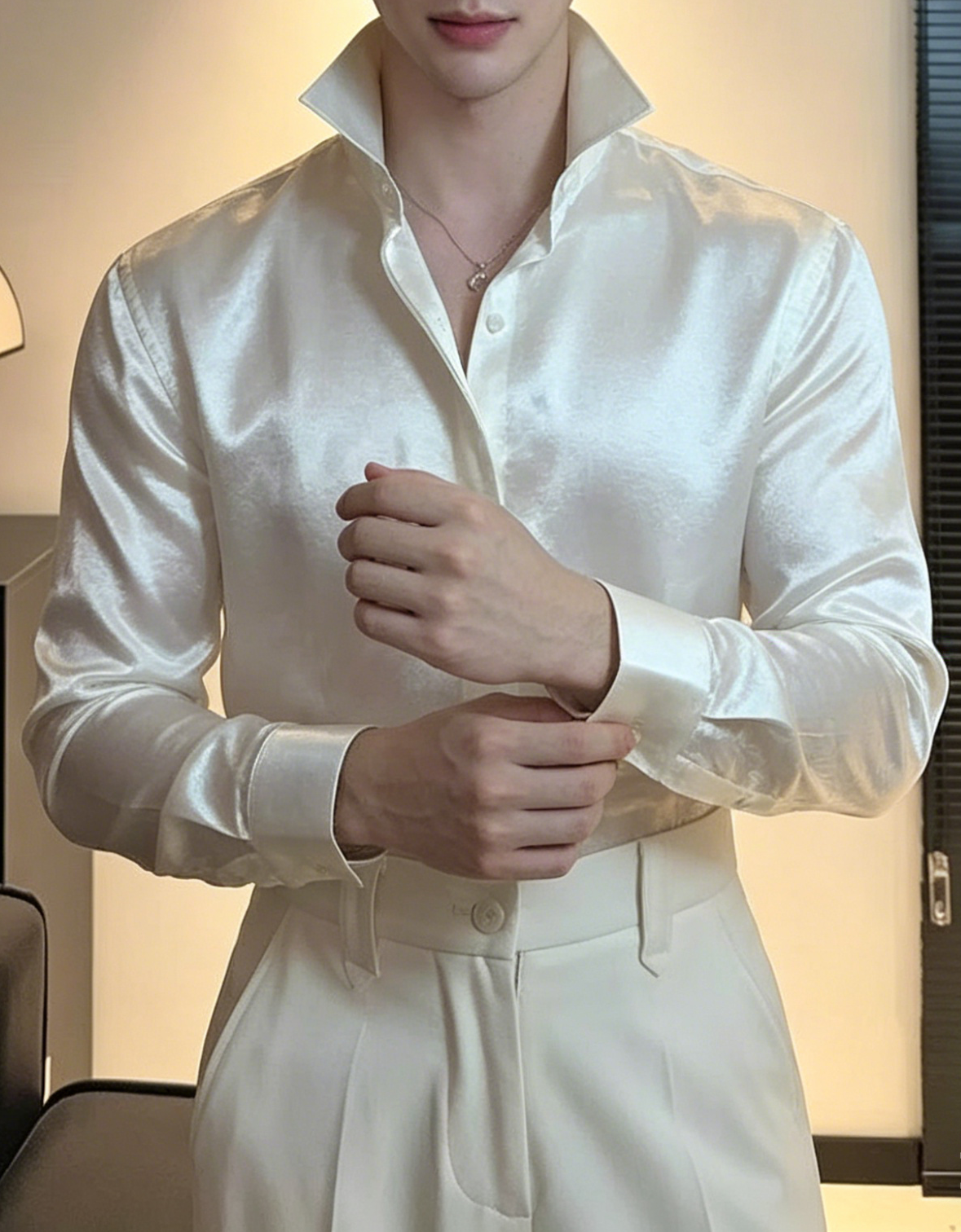 Premium Wrinkle-Textured Silky Long-Sleeve Shirt