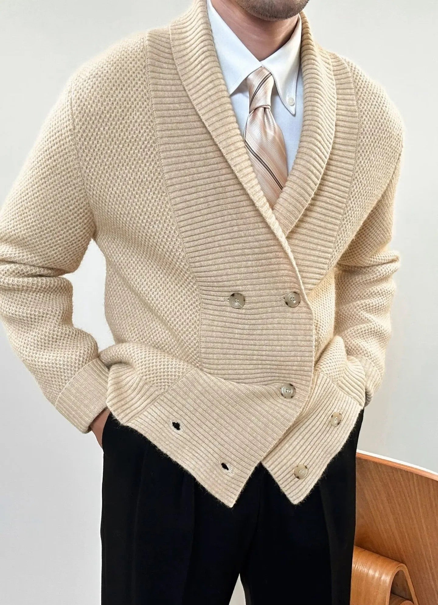 Double-Breasted Shawl Collar Knit Cardigan Jacket