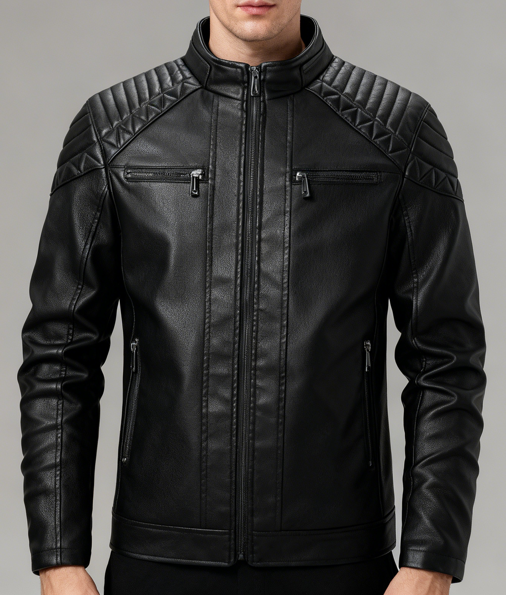 Fleece-Lined Stand Collar Leather Jacket