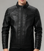 Fleece-Lined Stand Collar Leather Jacket