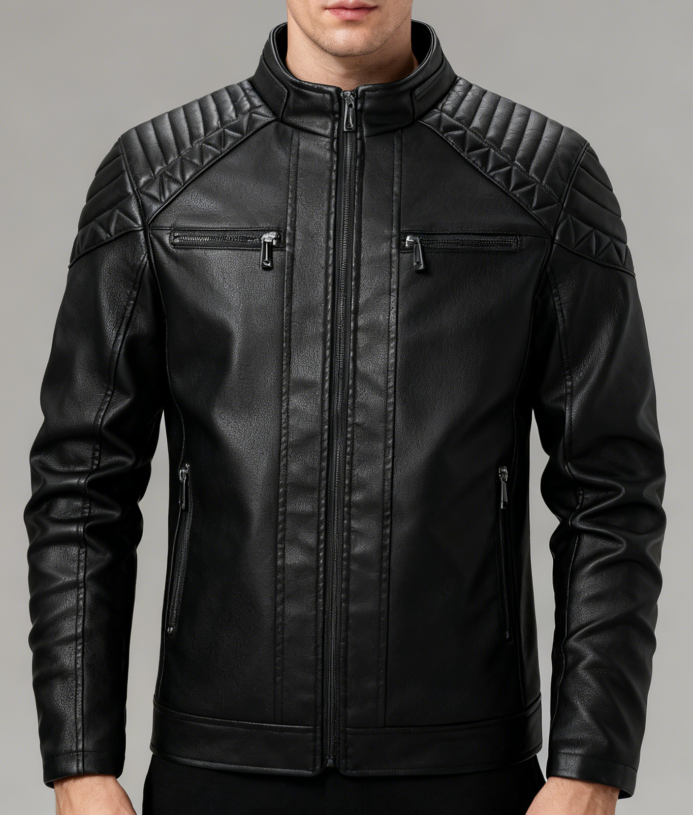 Fleece-Lined Stand Collar Leather Jacket