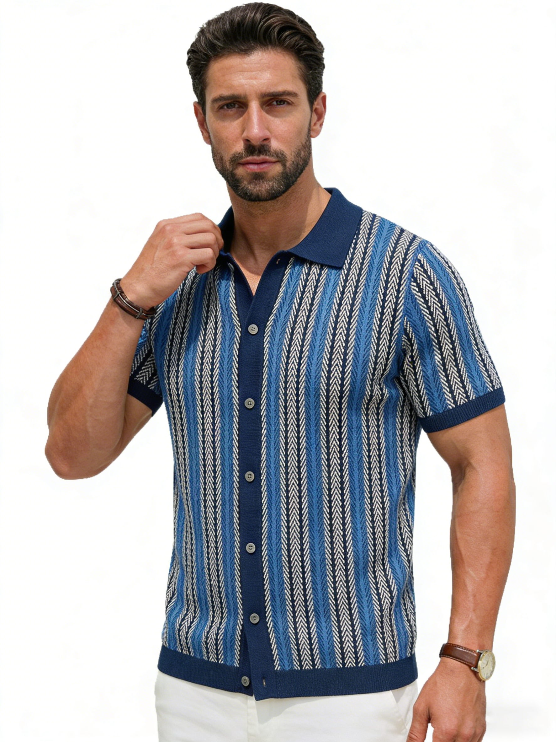 Men's Vintage Vertical Striped Knit Short Sleeve Cardigan