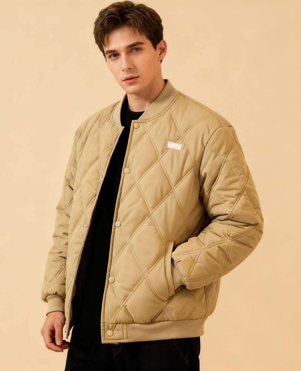 Diamond Quilted Stand-Collar Baseball Jacket