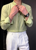 Men's Textured Linen Mandarin Collar Shirt – Lightweight Summer Casual Long Sleeve Shirt