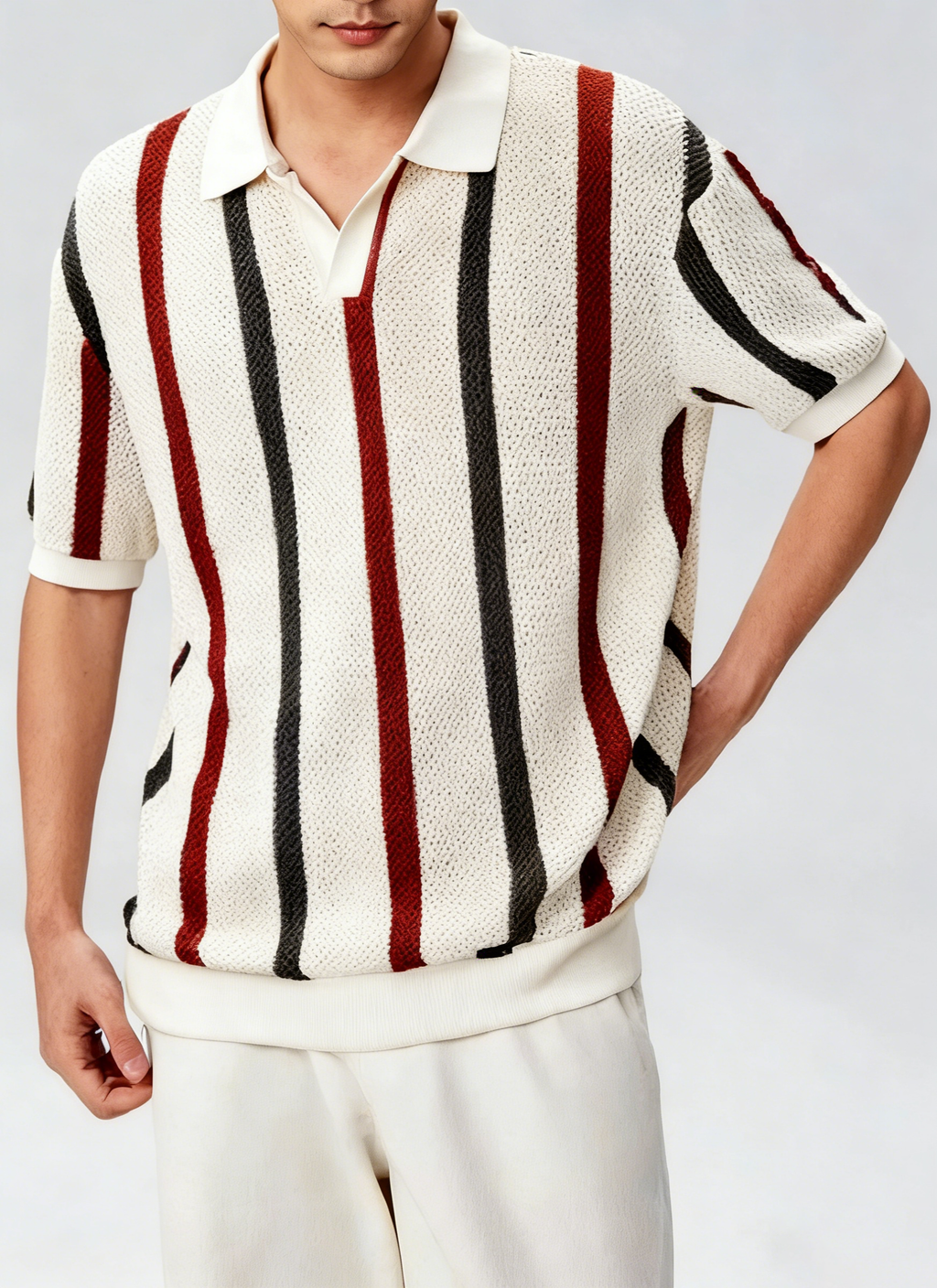 Retro Knitted Polo Shirt for Men - Breathable V-Neck Hollow Out Mesh Short Sleeve Ice Silk Knitwear