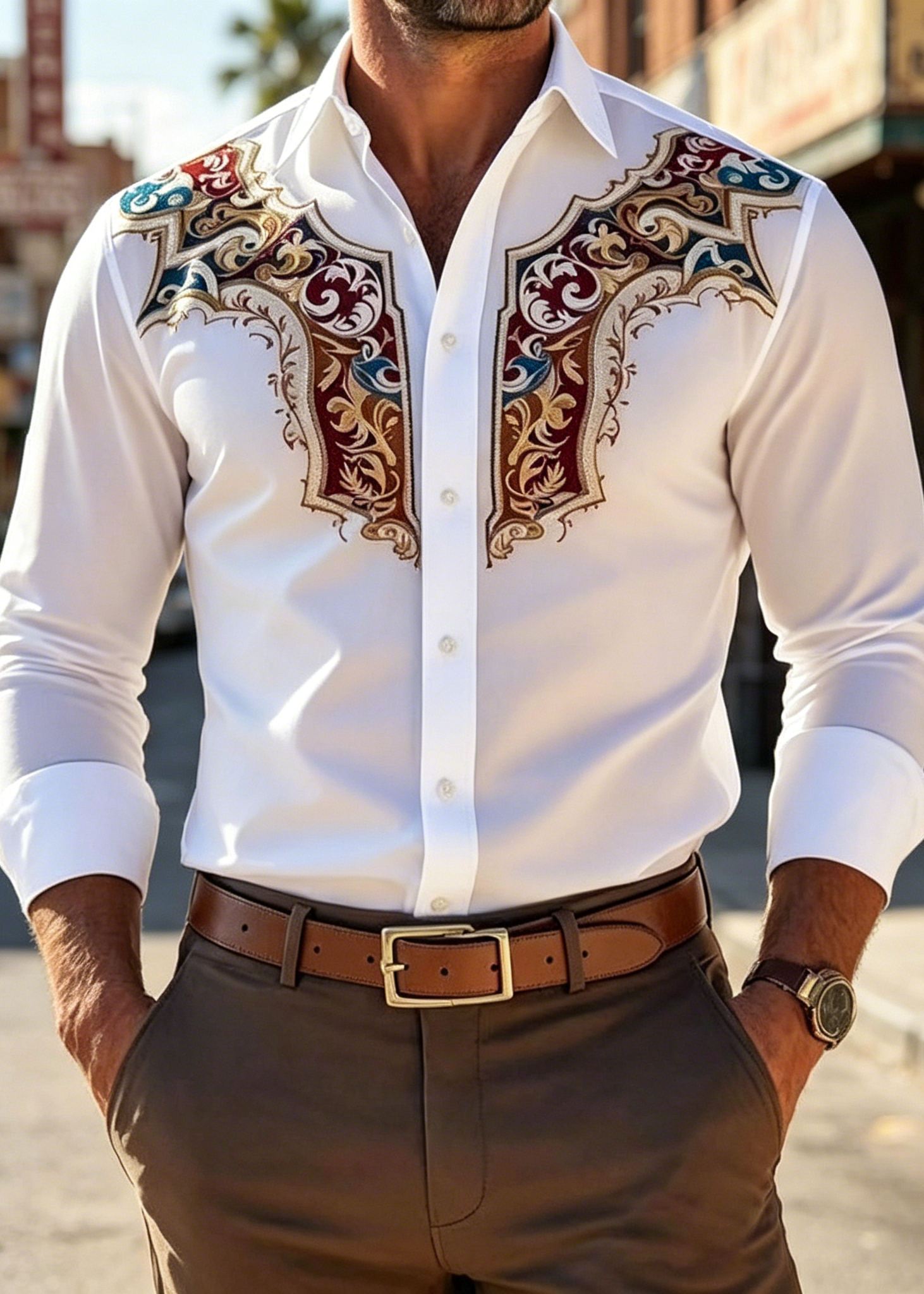Men’s Western Embroidered Stretch Shirt – Vintage Cowboy Business Casual Button-Up