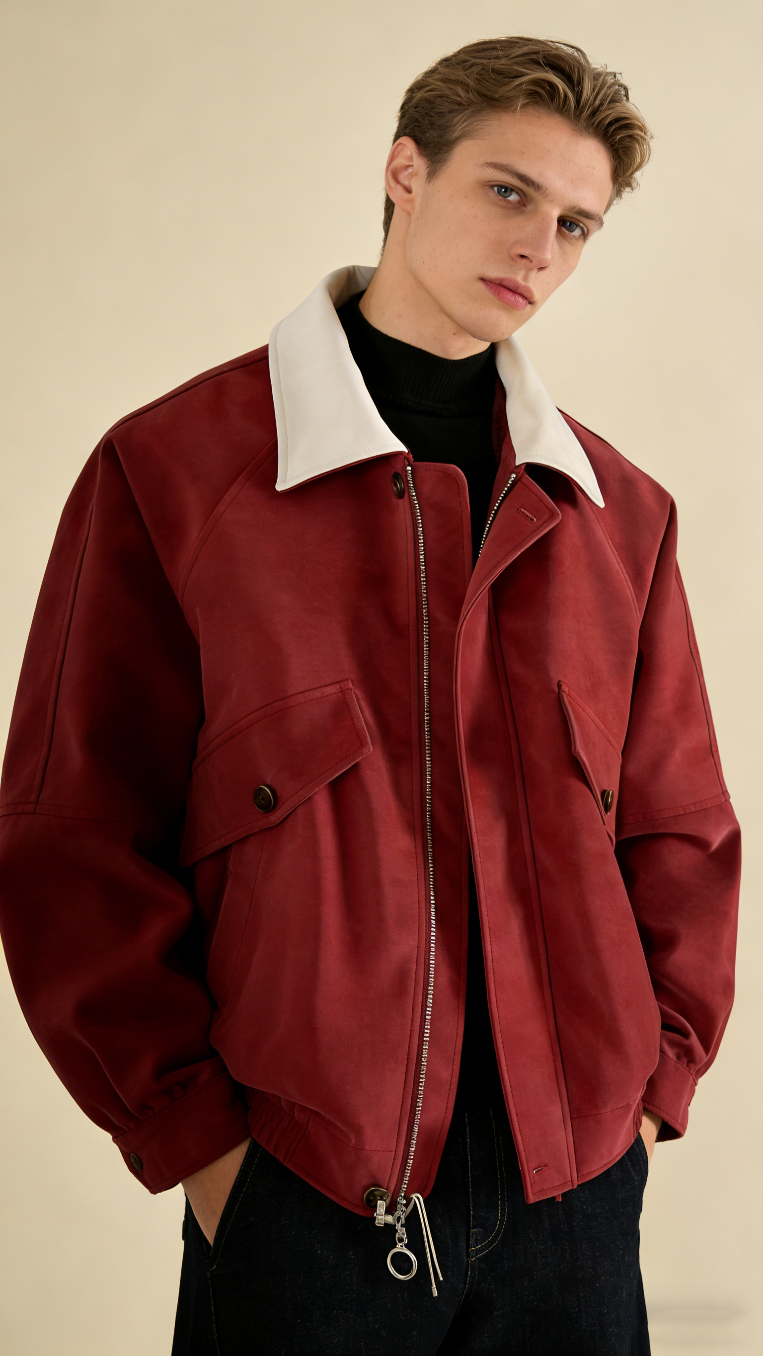 Contrast-Color Suede Lapel Padded Jacket