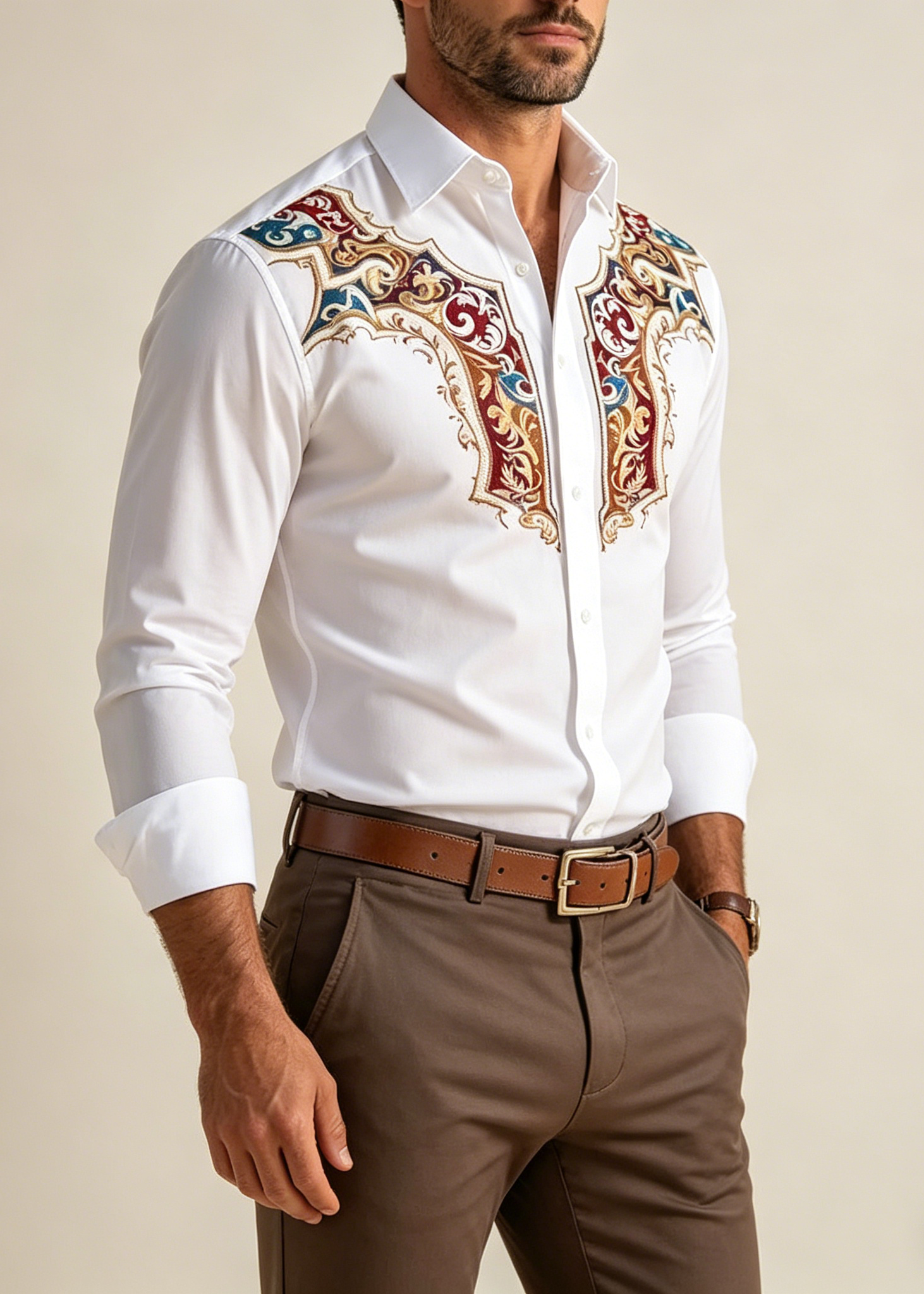Men’s Western Embroidered Stretch Shirt – Vintage Cowboy Business Casual Button-Up