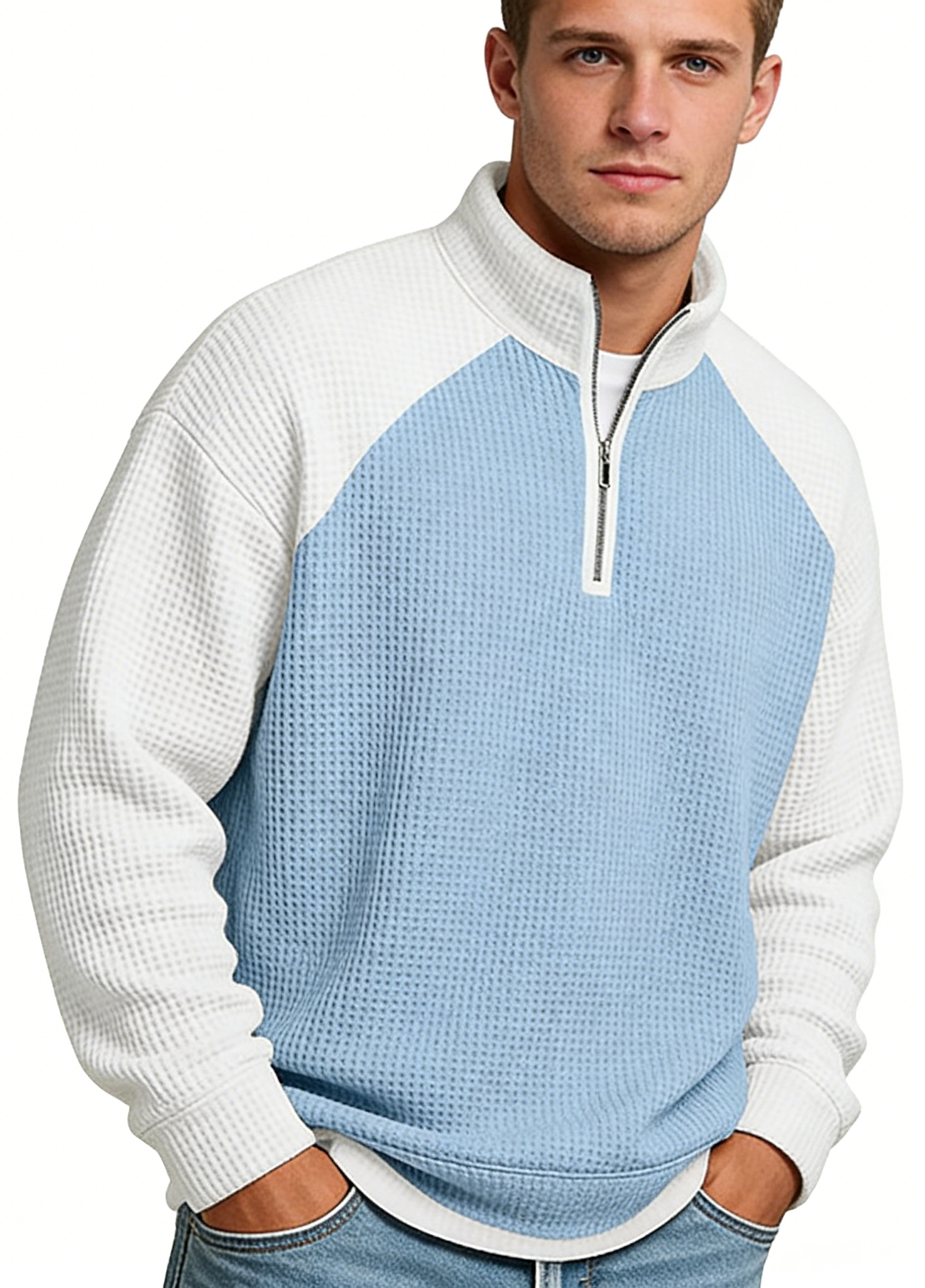 Men's Casual Color-Block Waffle Knit Quarter-Zip Pullover