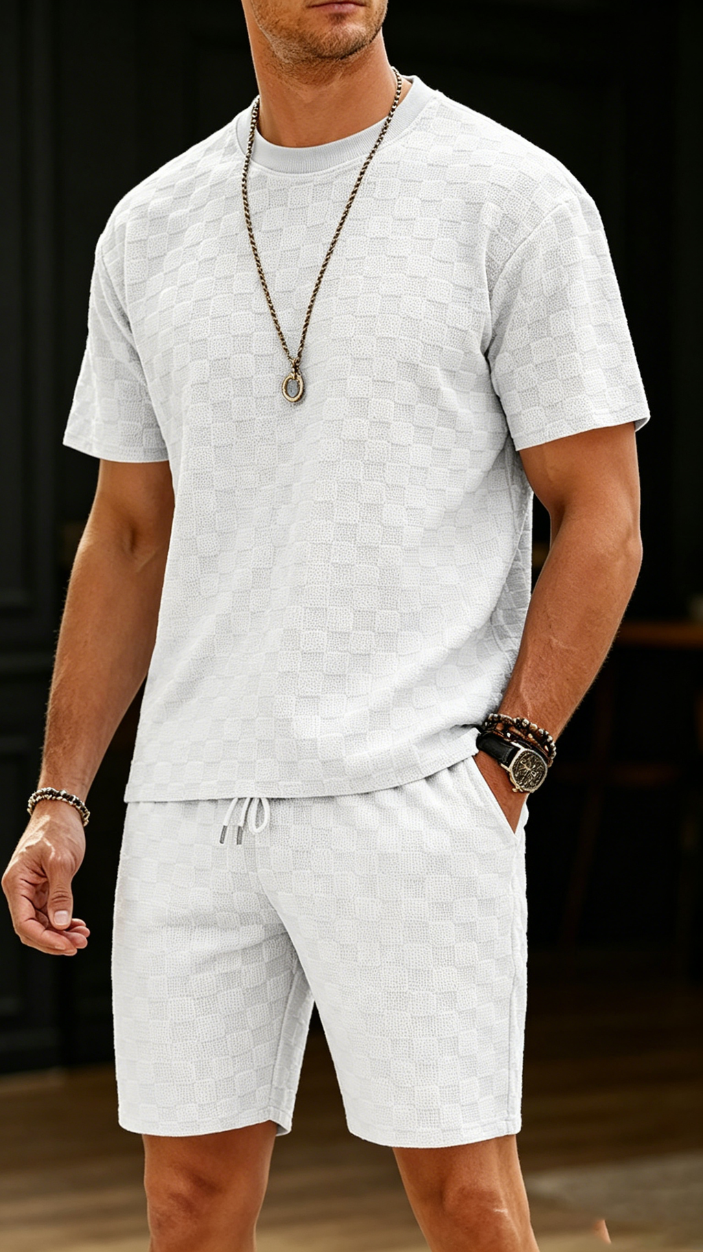 Men's Premium Checkerboard Knit Crewneck Tee & Shorts Set