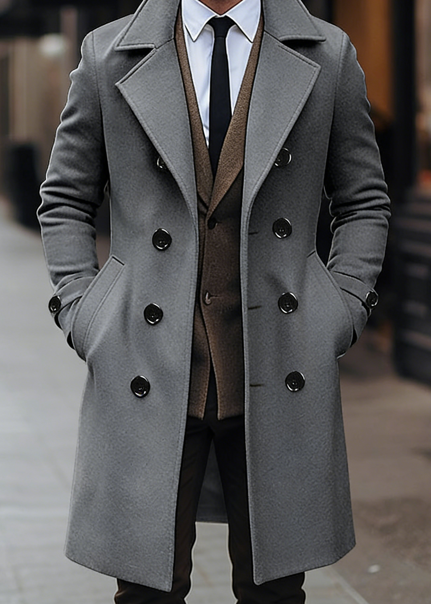 Men’s Classic Double-Breasted Wool Blend Overcoat – Mid-Length Tailored Winter Trench