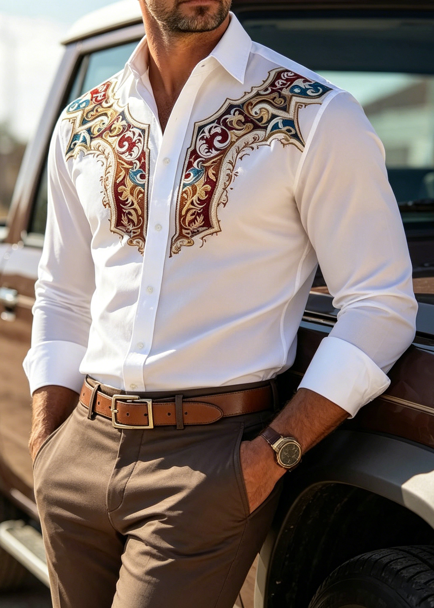 Men’s Western Embroidered Stretch Shirt – Vintage Cowboy Business Casual Button-Up