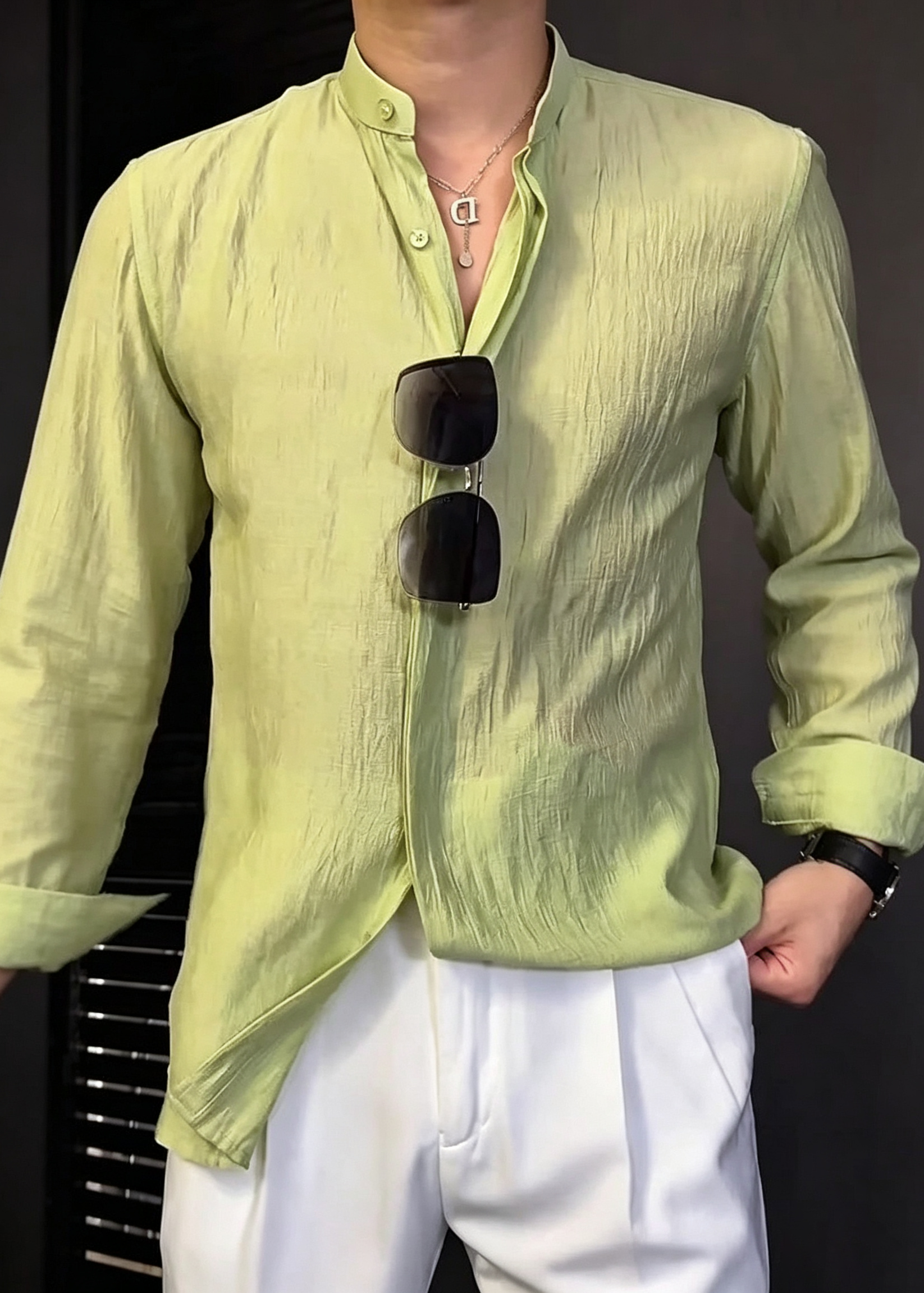 Men's Textured Linen Mandarin Collar Shirt – Lightweight Summer Casual Long Sleeve Shirt