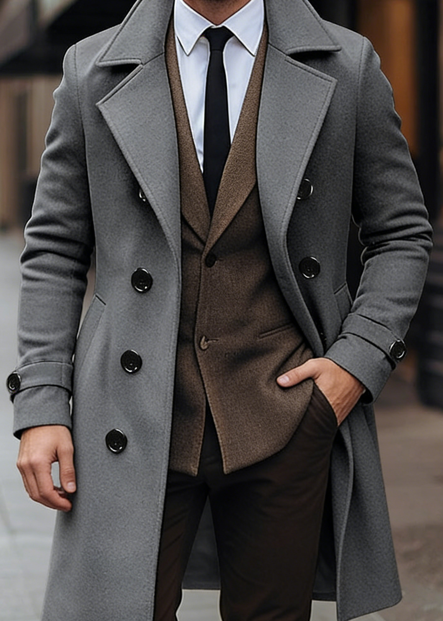 Men’s Classic Double-Breasted Wool Blend Overcoat – Mid-Length Tailored Winter Trench