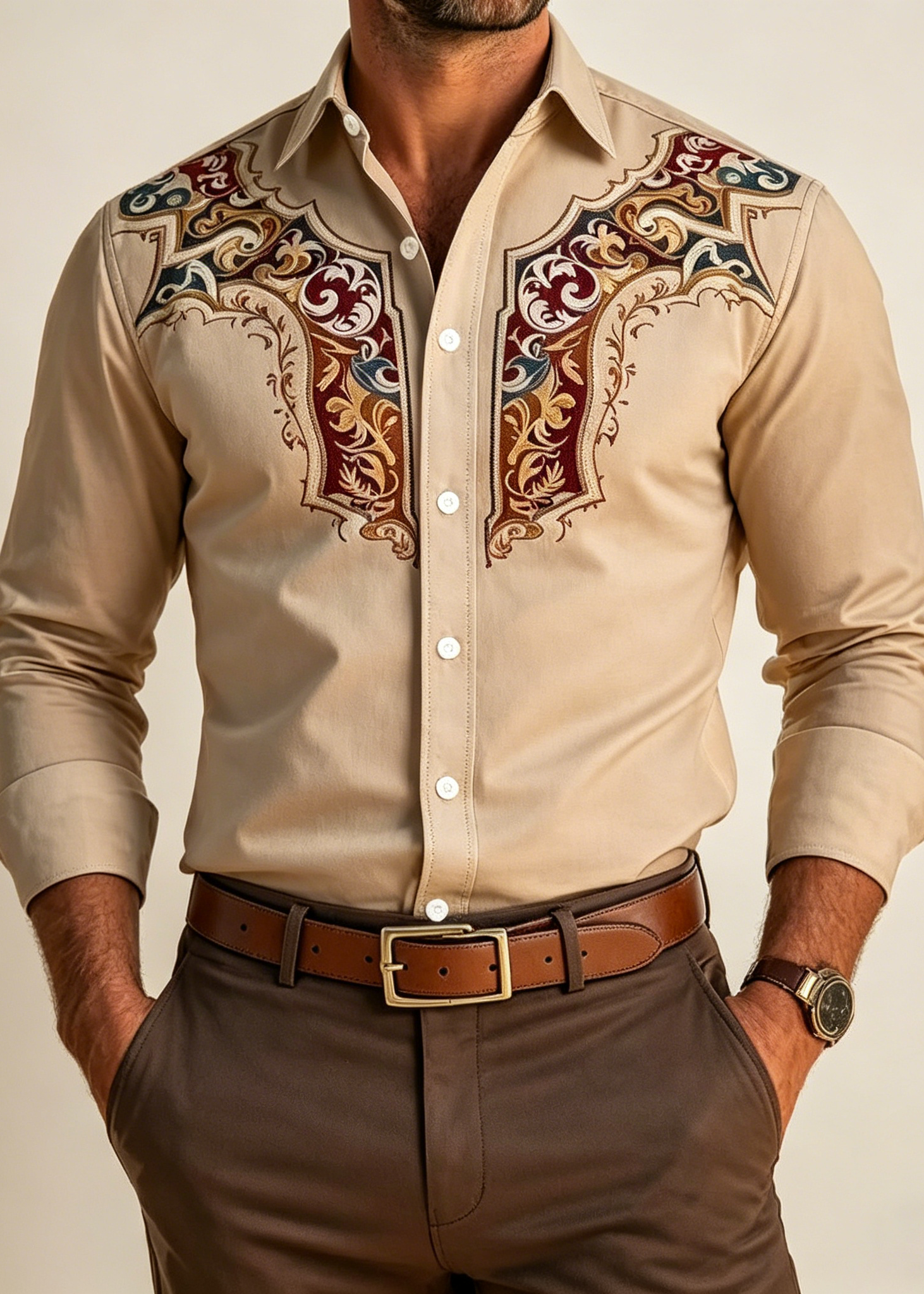 Men’s Western Embroidered Stretch Shirt – Vintage Cowboy Business Casual Button-Up