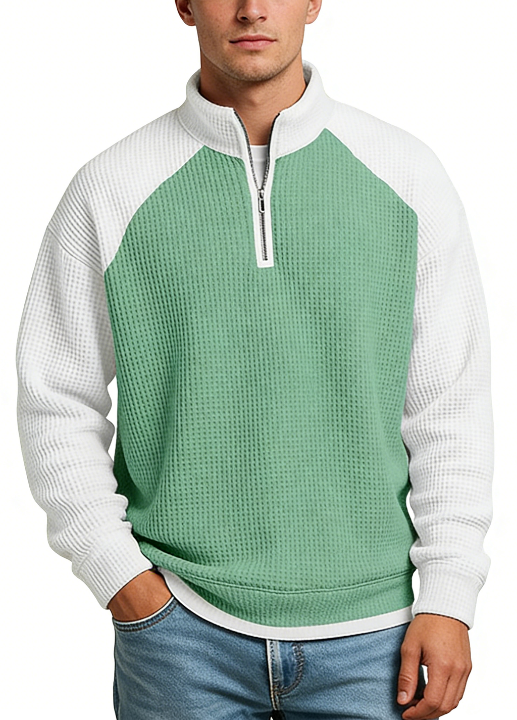 Men's Casual Color-Block Waffle Knit Quarter-Zip Pullover