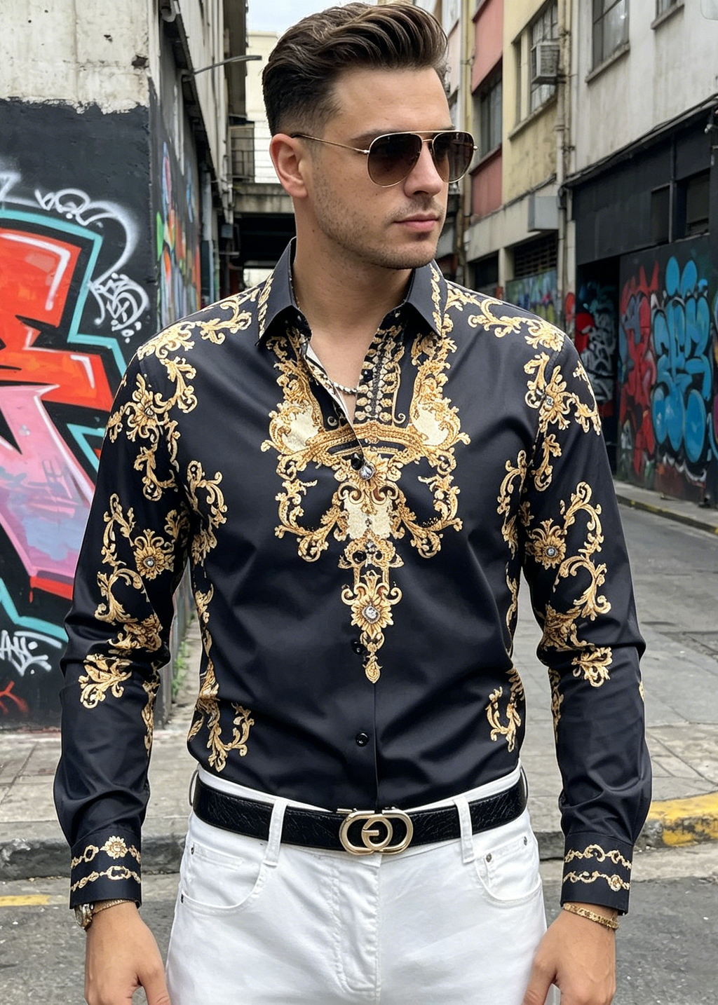 Men's Luxury Baroque Gold Print Shirt - Slim Fit Rhinestone Long Sleeve