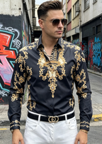 Men's Luxury Baroque Gold Print Shirt - Slim Fit Rhinestone Long Sleeve