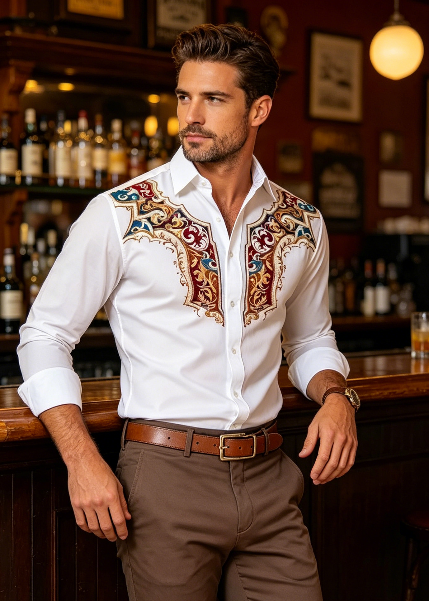 Men’s Western Embroidered Stretch Shirt – Vintage Cowboy Business Casual Button-Up