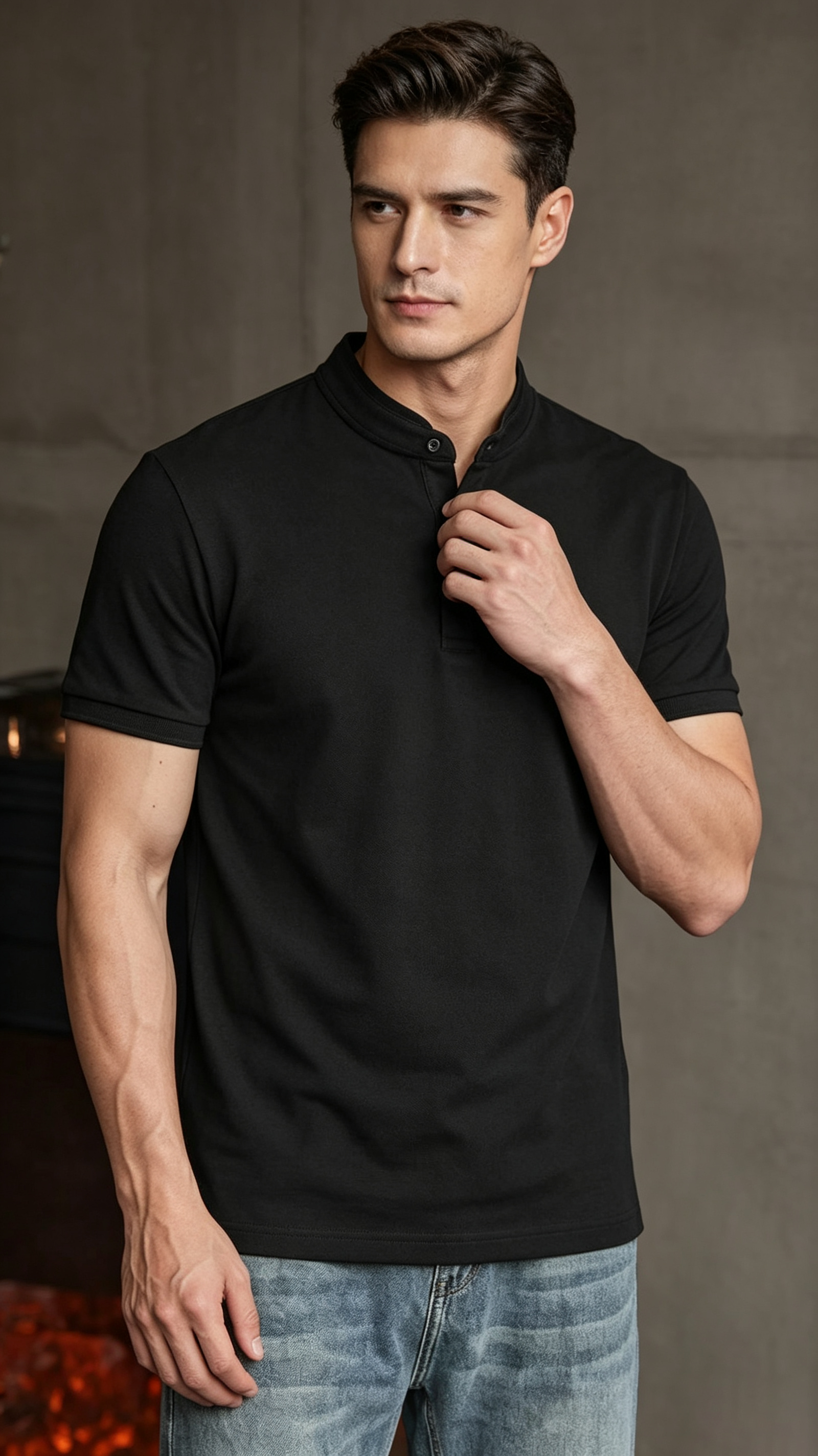 Men's Stand Collar Solid Color Casual Short Sleeve Shirt