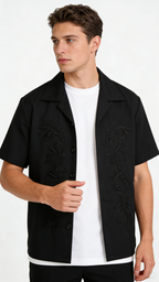 Men's Elegant Embroidery Camp Collar Short Sleeve Shirt