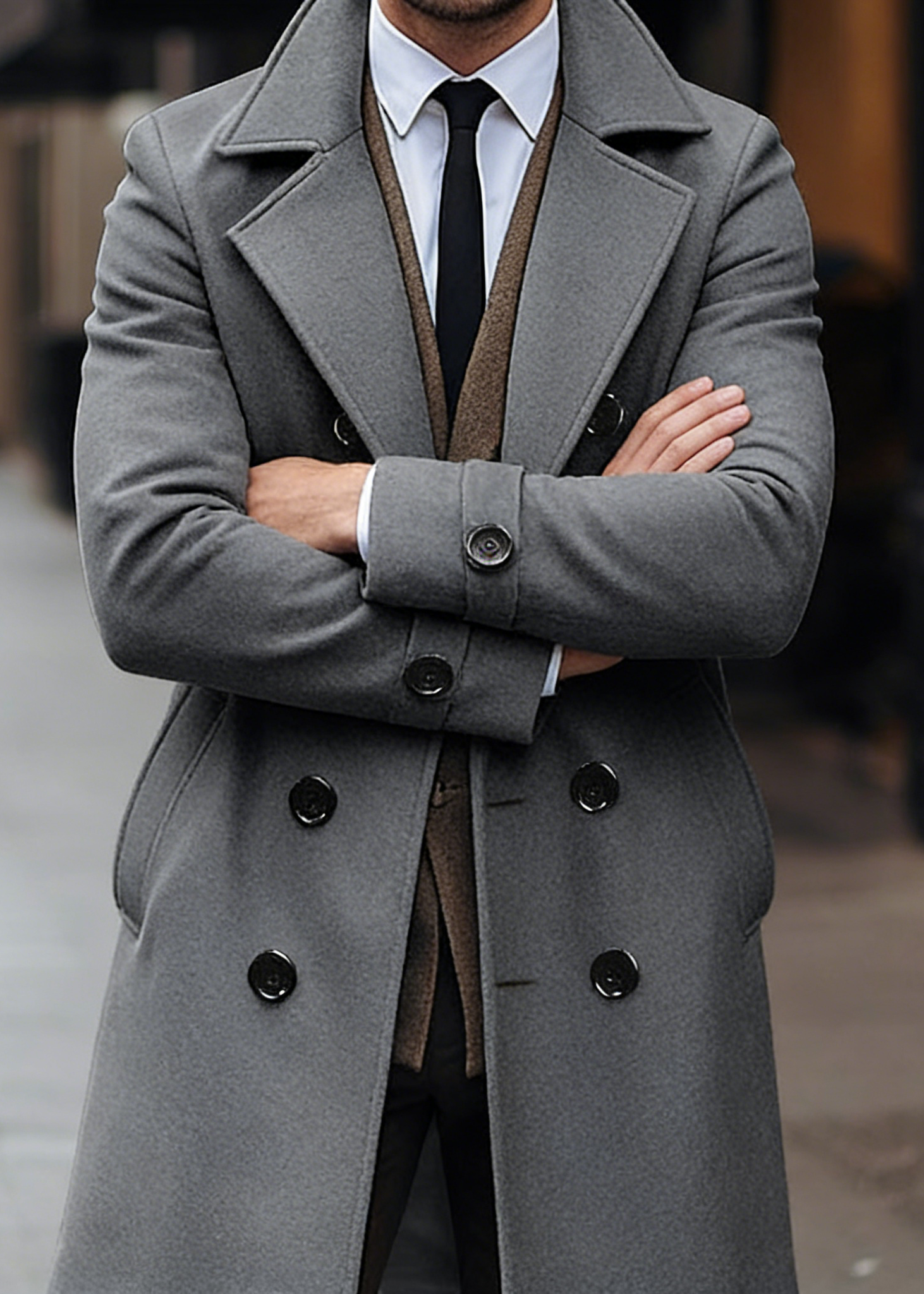 Men’s Classic Double-Breasted Wool Blend Overcoat – Mid-Length Tailored Winter Trench