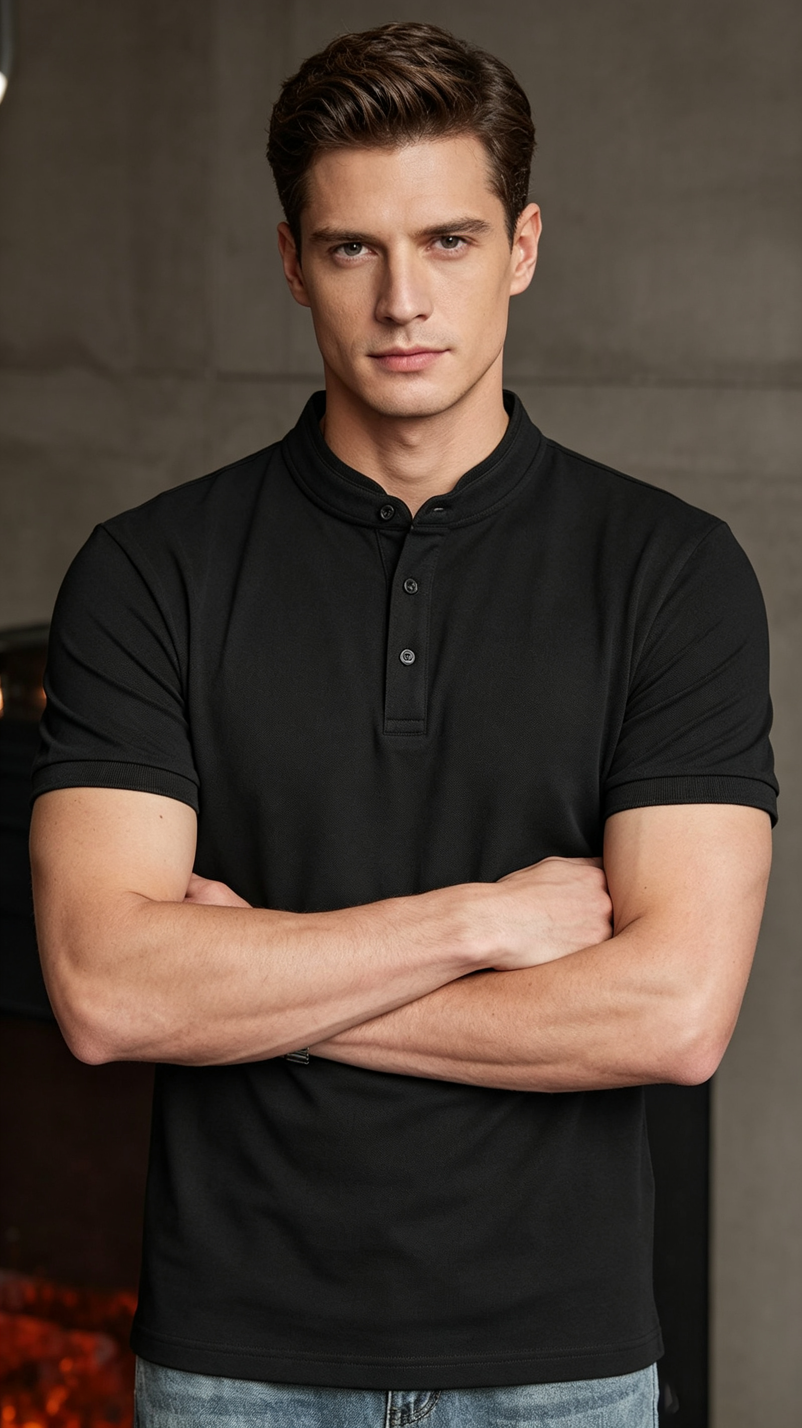 Men's Stand Collar Solid Color Casual Short Sleeve Shirt