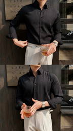 Men’s Premium Striped V-Neck Stand Collar Shirt — Elegant Modern Fit for Business & Leisure