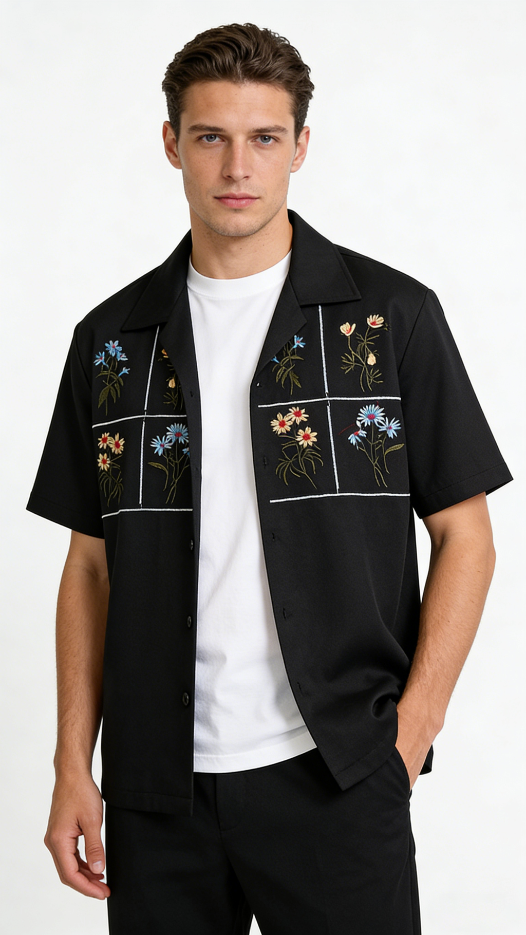 Men's Elegant Embroidery Camp Collar Short Sleeve Shirt