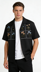 Men's Elegant Embroidery Camp Collar Short Sleeve Shirt