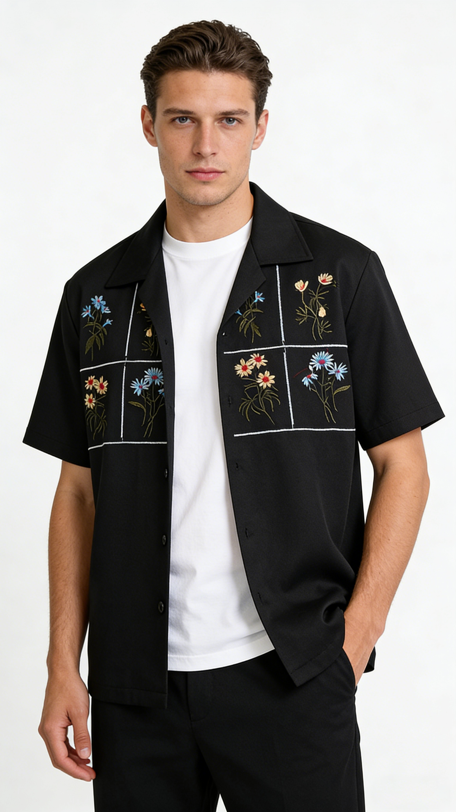 Men's Elegant Embroidery Camp Collar Short Sleeve Shirt
