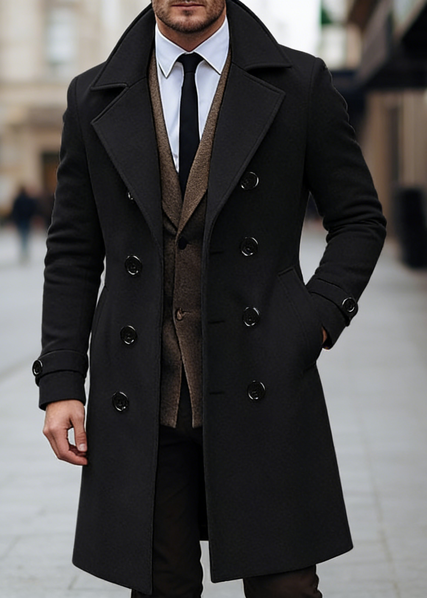 Men’s Classic Double-Breasted Wool Blend Overcoat – Mid-Length Tailored Winter Trench