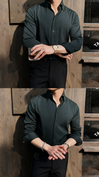 Men’s Premium Striped V-Neck Stand Collar Shirt — Elegant Modern Fit for Business & Leisure