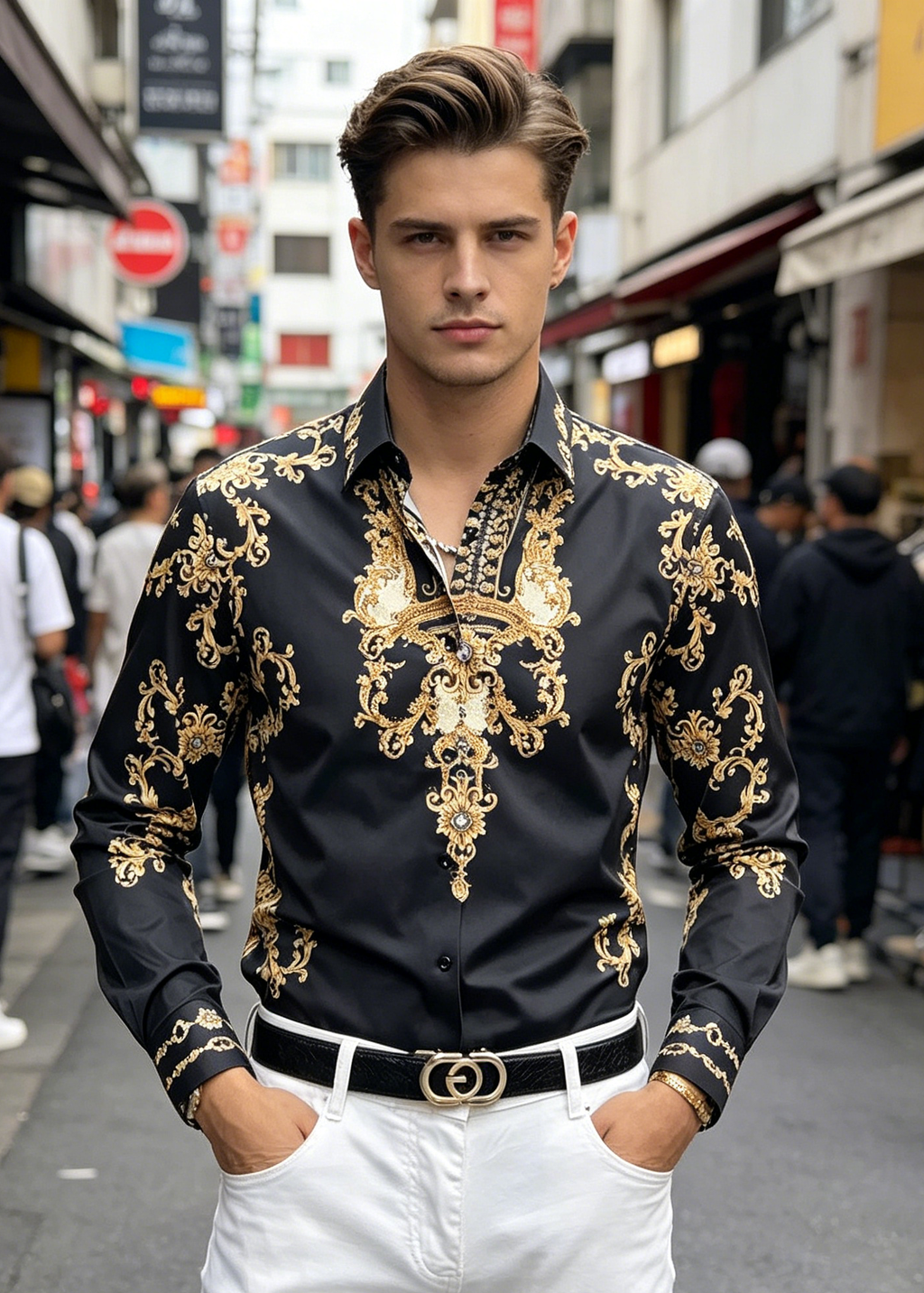Men's Luxury Baroque Gold Print Shirt - Slim Fit Rhinestone Long Sleeve