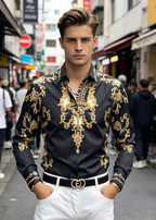 Men's Luxury Baroque Gold Print Shirt - Slim Fit Rhinestone Long Sleeve