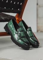 Men’s Double Buckle Chunky Sole Loafers – Retro Slip-On Dress Shoes