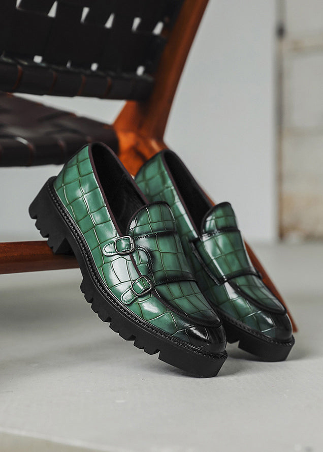 Men’s Double Buckle Chunky Sole Loafers – Retro Slip-On Dress Shoes