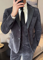 Vintage Luxury Chenille Suit Set with Contrast Leather Peak Lapel Slim Fit Groom Tuxedo & Party Wear