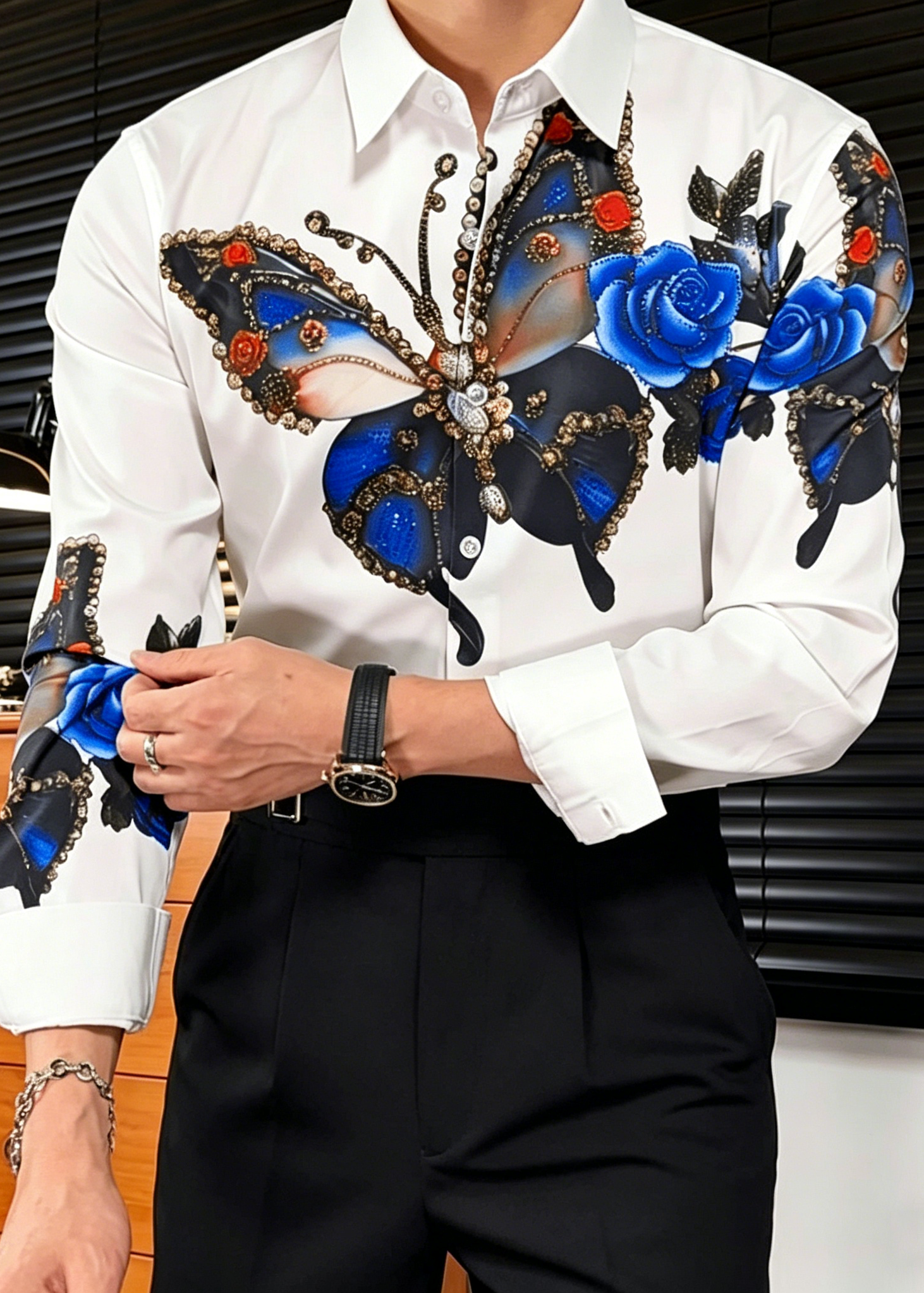 Luxury Baroque Butterfly Rhinestone Printed Shirt - Men's Slim Fit Non-Iron Vintage Dandy Dress Shirt