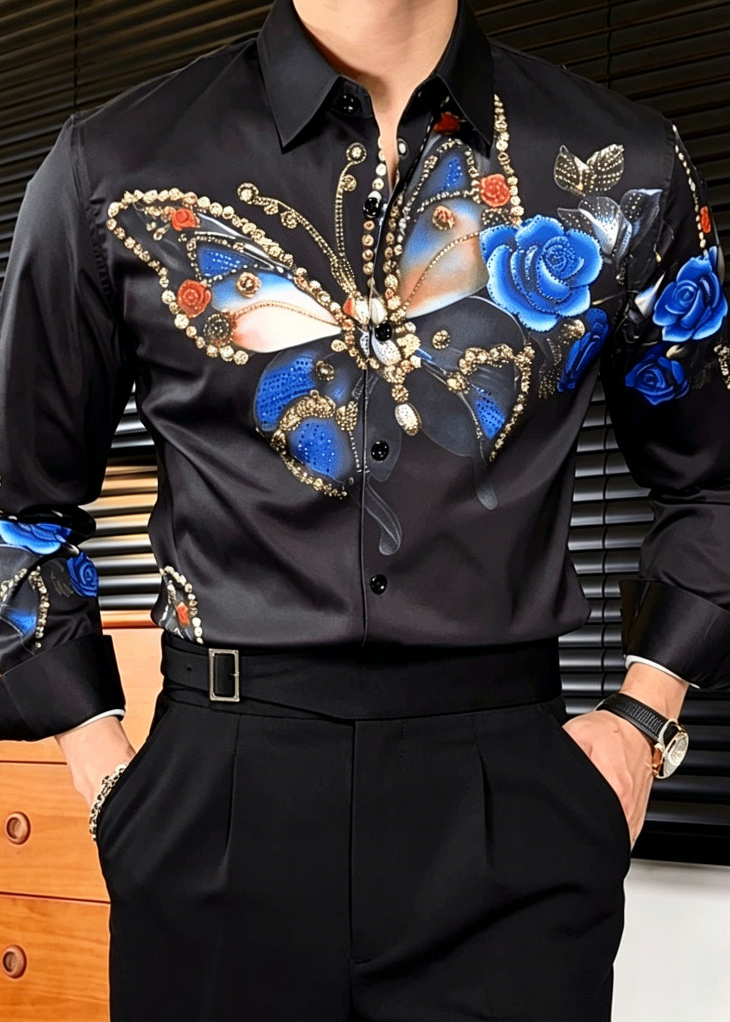 Luxury Baroque Butterfly Rhinestone Printed Shirt - Men's Slim Fit Non-Iron Vintage Dandy Dress Shirt