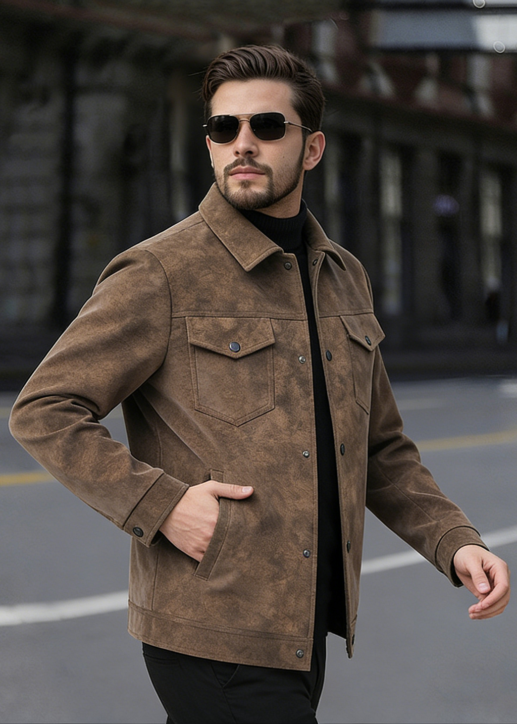 Men’s Retro PU Leather Shirt Jacket – Casual American Workwear Style