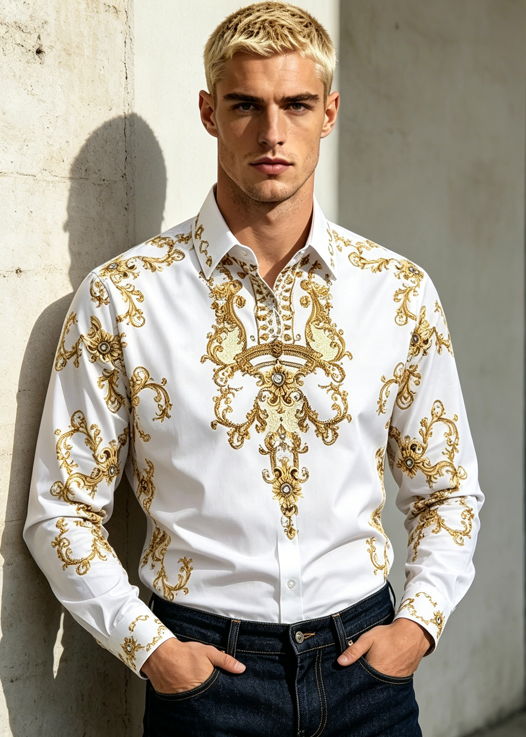 Men's Luxury Baroque Gold Print Shirt - Slim Fit Rhinestone Long Sleeve