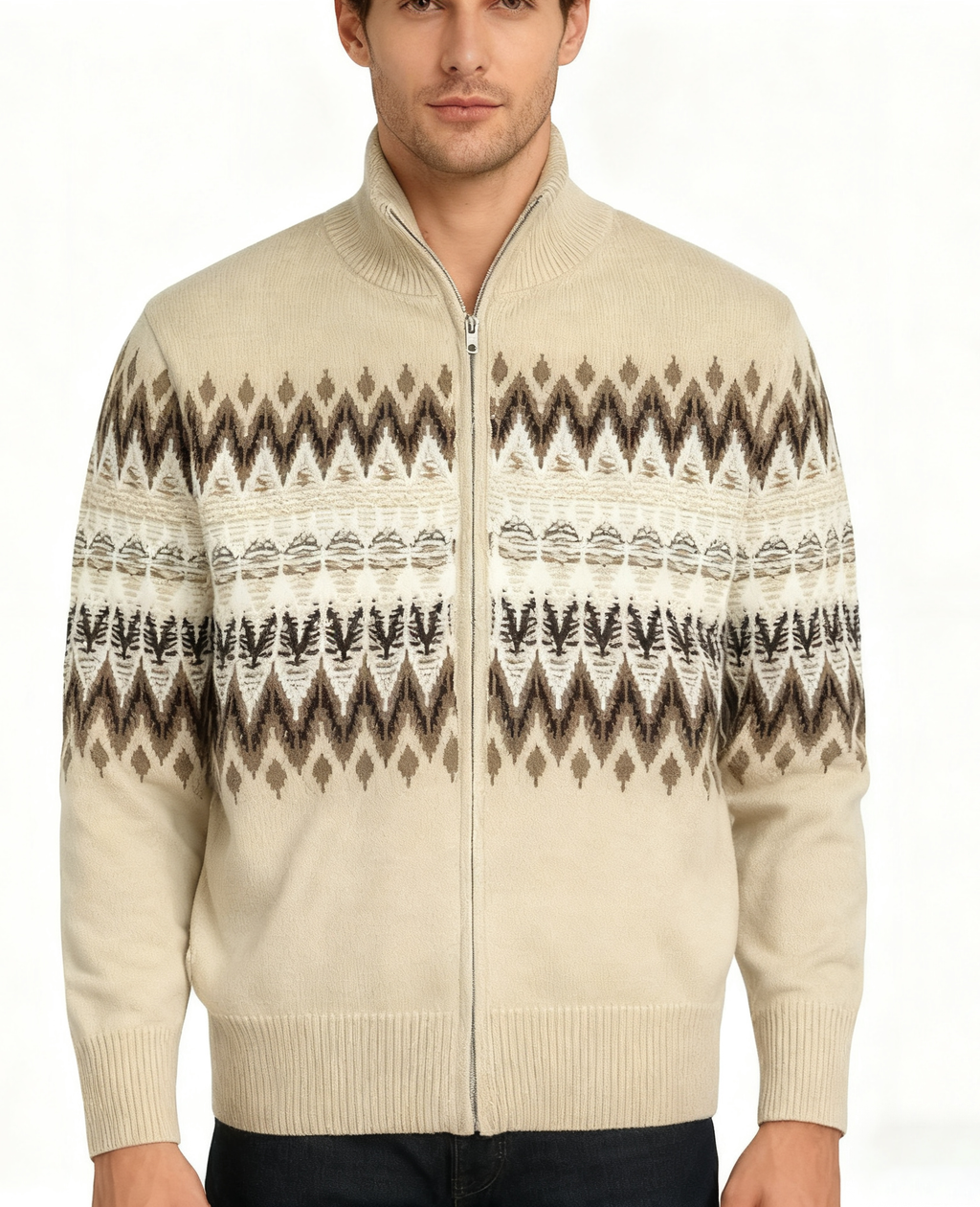 Fair Isle Knit Zip Cardigan