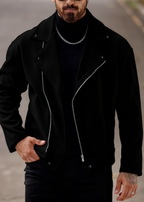 Men’s Asymmetric Zip Moto Jacket – Wide Lapel Coat, Casual Street Outerwear with Side